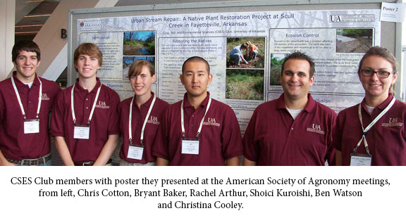 CSES Club members with poster they presented at the American Society of Agronomy meetings, from left, Chris Cotton, Bryant Baker, Rachel Arthur, Shoici Kuroishi, Ben Watson and Christina Cooley.